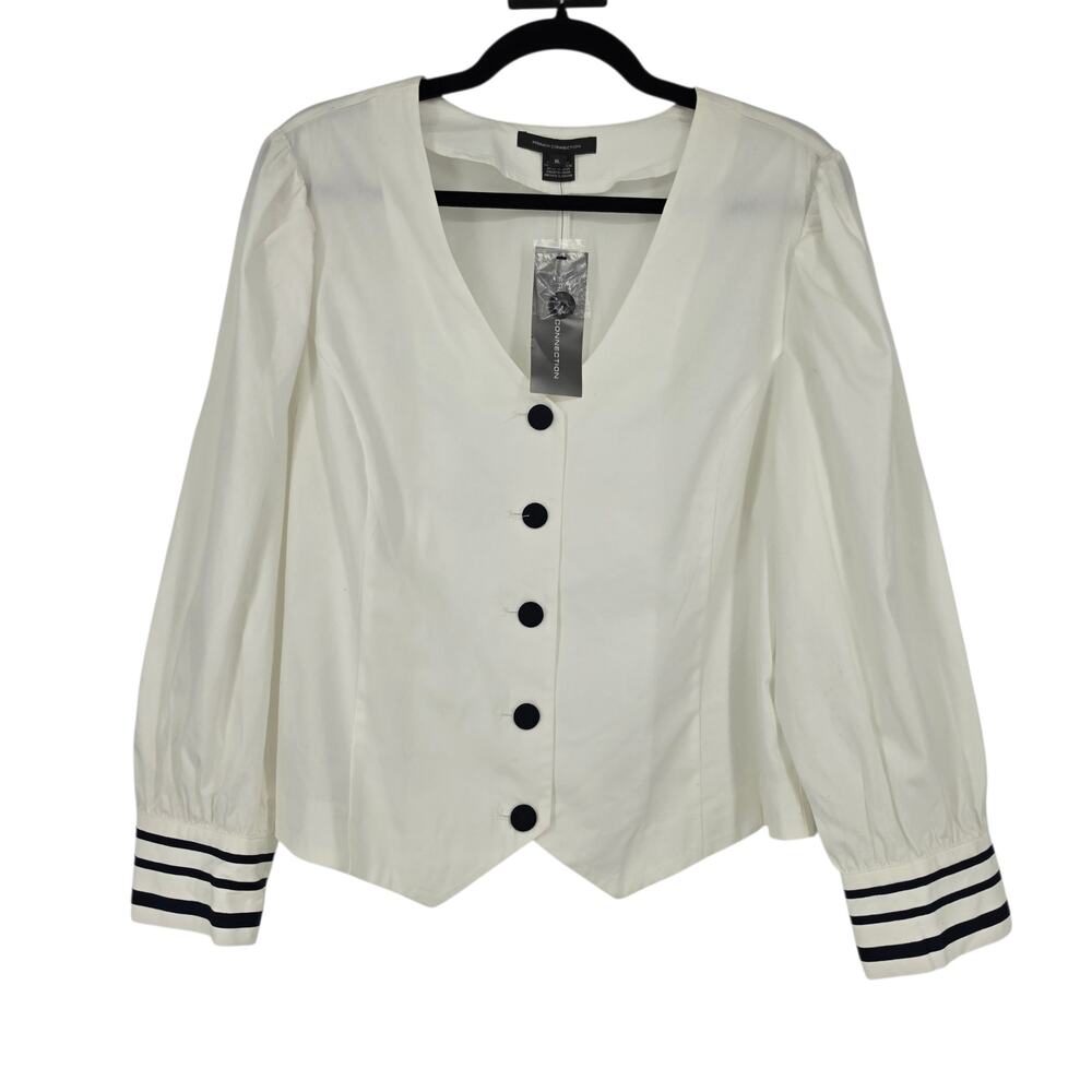 NWT French Connection White Cotton Stripe Cuff Puff Sleeve Button Top Size XL